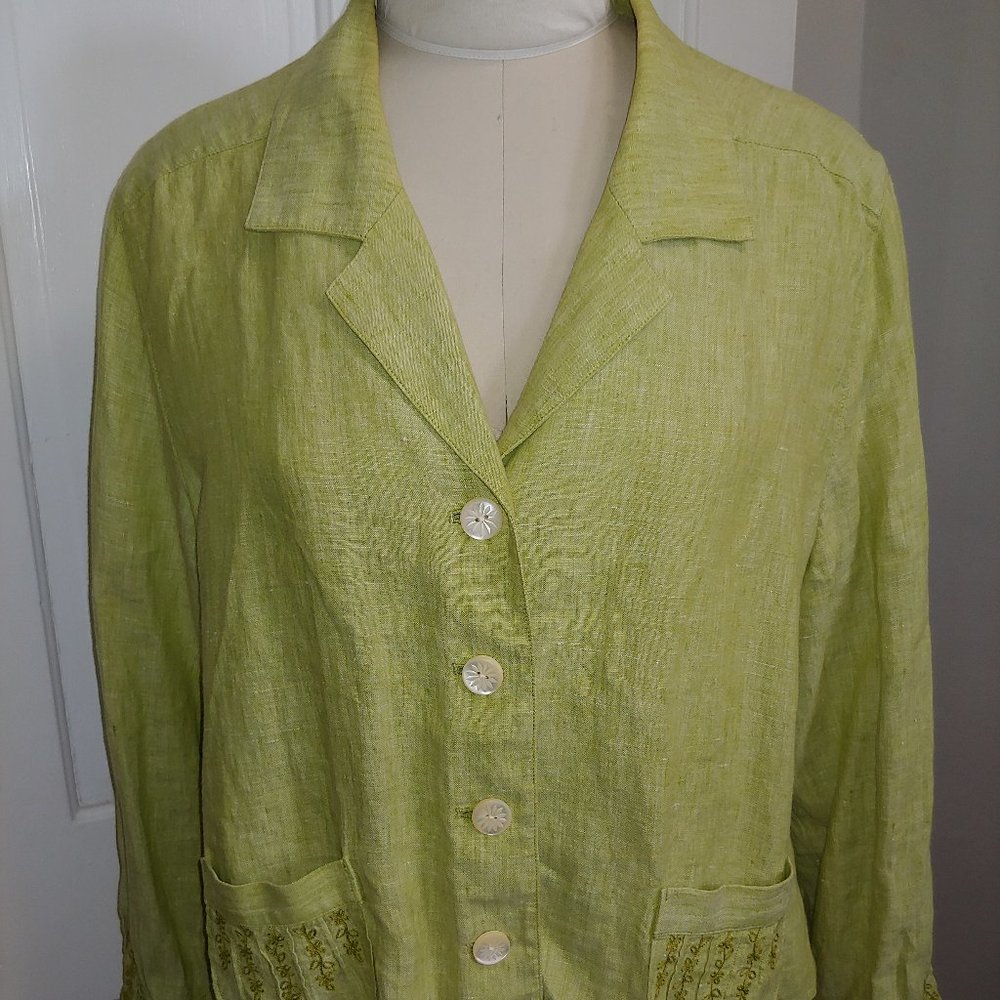 JJill lime green embroidered linen jacket